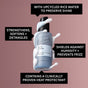 A bottle of UpCircle Hair Serum with Rice Water + Baobab, with liquid wrapping around it. Text highlights its benefits: preserves shine, strengthens, softens, detangles, shields against humidity, offers expert frizz control, and features a clinically proven heat protectant powered by fermented rice water.