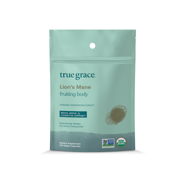 A teal package of True Grace Lion’s Mane Refill Pouch with fruiting body organic extract supports brain health, nerve, and cognitive function. It has USDA Organic and Non-GMO Project Verified labels and contains 120 vegan capsules for enhanced immune support.