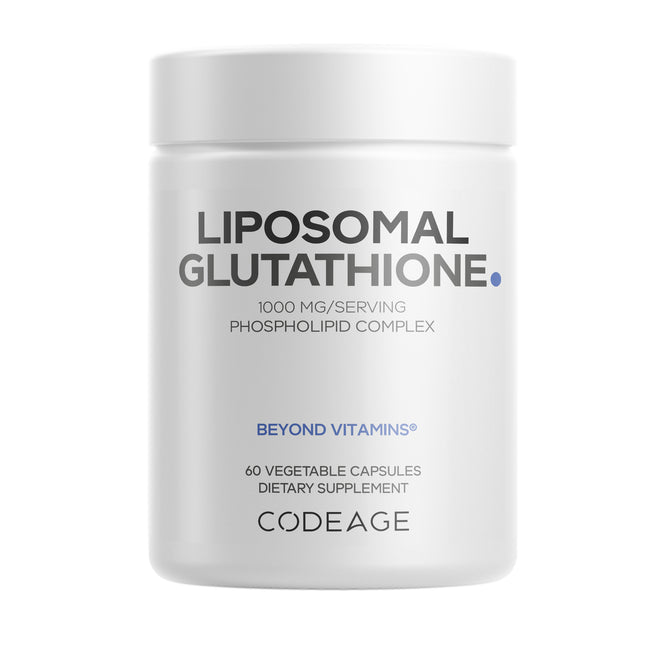 A white container labeled Codeage Liposomal Glutathione Capsules, 1000 mg. Below, it reads "Beyond Vitamins," "60 vegetable capsules," "dietary supplement.