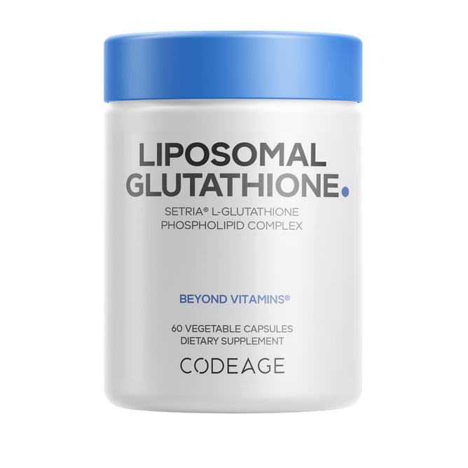 A white bottle with a blue lid labeled Codeage Liposomal Glutathione Capsules, containing 60 vegetable capsules. This advanced supplement combines Setria L-Glutathione and a phospholipid complex to enhance absorption, providing premium support that goes Beyond Vitamins.