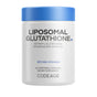 A white bottle with a blue lid labeled Codeage Liposomal Glutathione Capsules, containing 60 vegetable capsules. This advanced supplement combines Setria L-Glutathione and a phospholipid complex to enhance absorption, providing premium support that goes Beyond Vitamins.