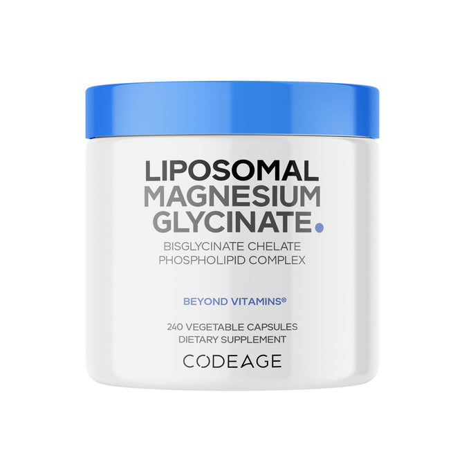A white jar with a blue lid labeled Codeage Liposomal Magnesium Glycinate Capsules, containing 240 vegetable capsules as a dietary supplement with magnesium bisglycinate for optimal absorption.