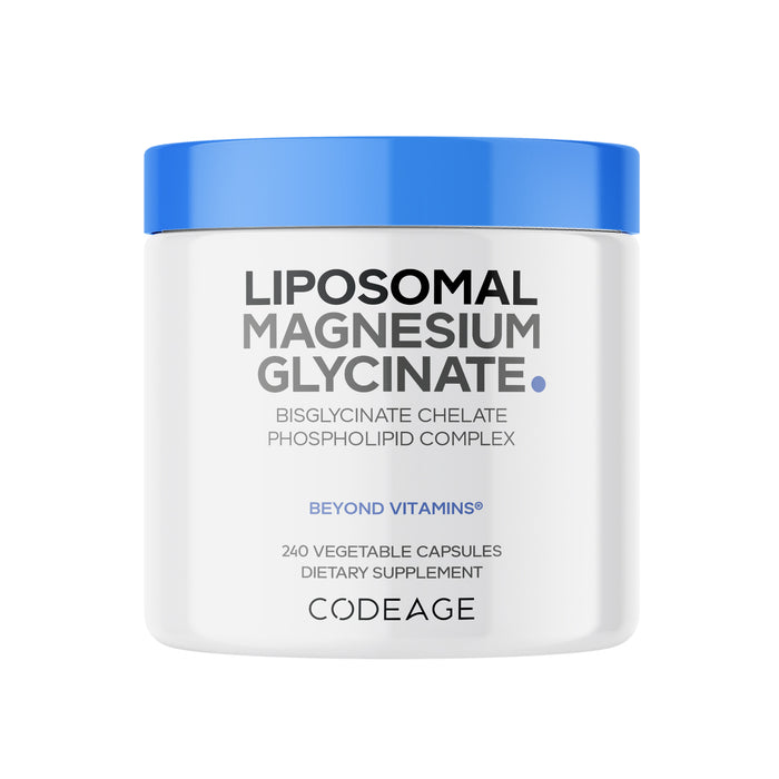 A white jar with a blue lid labeled Codeage Liposomal Magnesium Glycinate Capsules, containing 240 vegetable capsules as a dietary supplement with magnesium bisglycinate for optimal absorption.