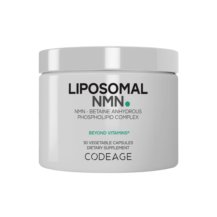A white jar labeled "Liposomal NMN Capsules" by Codeage, featuring additional text that highlights its content of nicotinamide mononucleotide (NMN), betaine anhydrous, a phospholipid complex, and 30 vegetable capsules—an advanced NAD+ supplement.