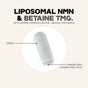 A white Codeage Liposomal NMN Capsules supplement, labeled “Liposomal NMN & Betaine TMG,” highlights its 0.83-inch capsule size and mentions that natural color variation may occur. This NAD precursor utilizes advanced liposomal delivery for optimal absorption.
