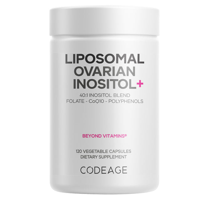 A white bottle of Codeage Liposomal Ovarian Inositol+ contains 120 vegetable capsules with a liposomal ovarian inositol blend, 5-MTHF folate, CoQ10, and polyphenols.