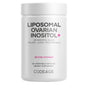 A white bottle of Codeage Liposomal Ovarian Inositol+ contains 120 vegetable capsules with a liposomal ovarian inositol blend, 5-MTHF folate, CoQ10, and polyphenols.