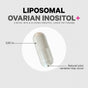 A beige capsule labeled Codeage Liposomal Ovarian Inositol+ (0.90 in) supports ovarian health. Natural color variation may occur. Ingredients like Myo-Inositol and D-chiro-inositol are listed above the capsule.