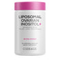 A white and pink bottle labeled Liposomal Ovarian Inositol+ - Hormonal Harmony by Codeage, containing 120 vegetable capsules with myo-inositol d-chiro-inositol, folate, CoQ10, and polyphenols—an advanced inositol supplement formulated to support women’s wellness.