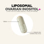 A beige capsule labeled Liposomal Ovarian Inositol+ - Hormonal harmony from Codeage is displayed, highlighting its 0.90-inch size and the possibility of natural color variation. This advanced inositol supplement combines high-quality ingredients including 5-MTHF, myo-inositol d-chiro-inositol, and CoQ10 phytosome to promote optimal support.