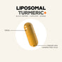A yellow capsule labeled "Codeage Liposomal Turmeric+ Capsules" is pictured with annotations indicating its length (0.90 in) and a note about possible natural color variation. The text highlights the inclusion of turmeric curcumin, ginger, and black pepper, emphasizing that this advanced liposomal turmeric supplement is designed for enhanced absorption.