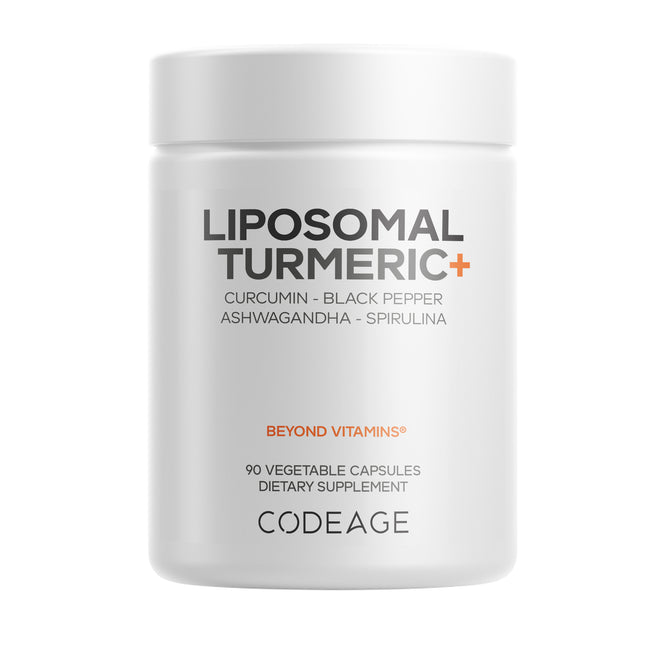 Codeage Liposomal Turmeric+ Capsules come in a white bottle and feature turmeric curcumin, black pepper, ashwagandha, and spirulina. This dietary supplement contains 90 vegetable capsules.