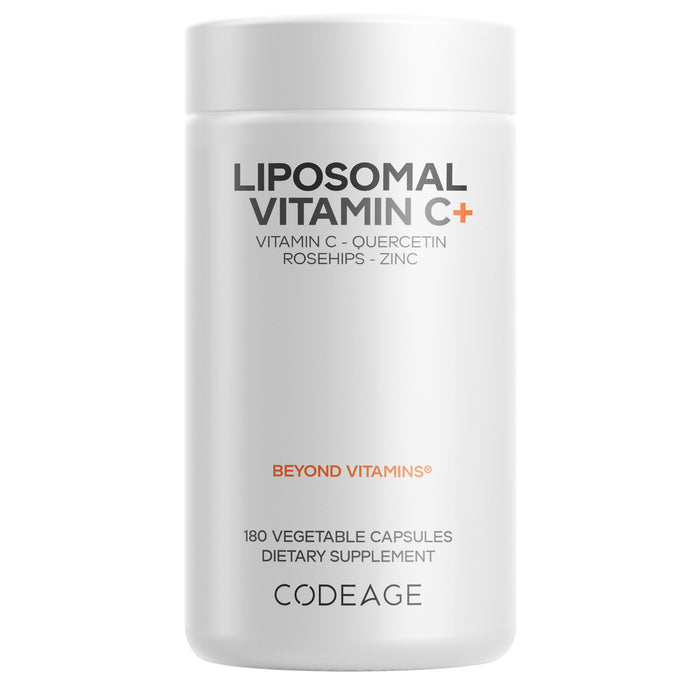 A white bottle labeled Codeage Liposomal Vitamin C contains 180 vegetable capsules and lists liposomal vitamin C, quercetin, rosehips, zinc, and a citrus bioflavonoid complex as ingredients.