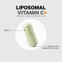 A capsule of Codeage Liposomal Vitamin C is displayed, accompanied by text indicating its length (0.86 in) and mentioning that natural color variation may occur. This supplement features vitamin C, quercetin, rosehips, zinc, and a citrus bioflavonoid complex for comprehensive support.