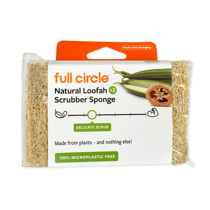 Full Circle 2pk Loofah Sponge—plant-based cellulose, delicate, plastic-free dish scrubbers. Features two sponges with loofah images on the packaging.