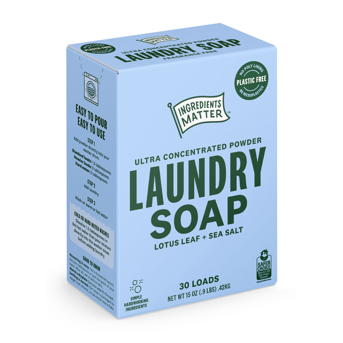 A blue box of Ingredients Matter Laundry Soap Powder 30 Load in lotus leaf and sea salt scent, labeled plastic-free and hypoallergenic, with usage instructions and a Safer Choice certification.