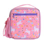 The Elemental Chomper Kids Lunch Bag features a pink design with a top handle, purple zipper, side pocket, and pastel unicorns, rainbows, clouds, stars, and hearts—perfect for carrying meals in style.