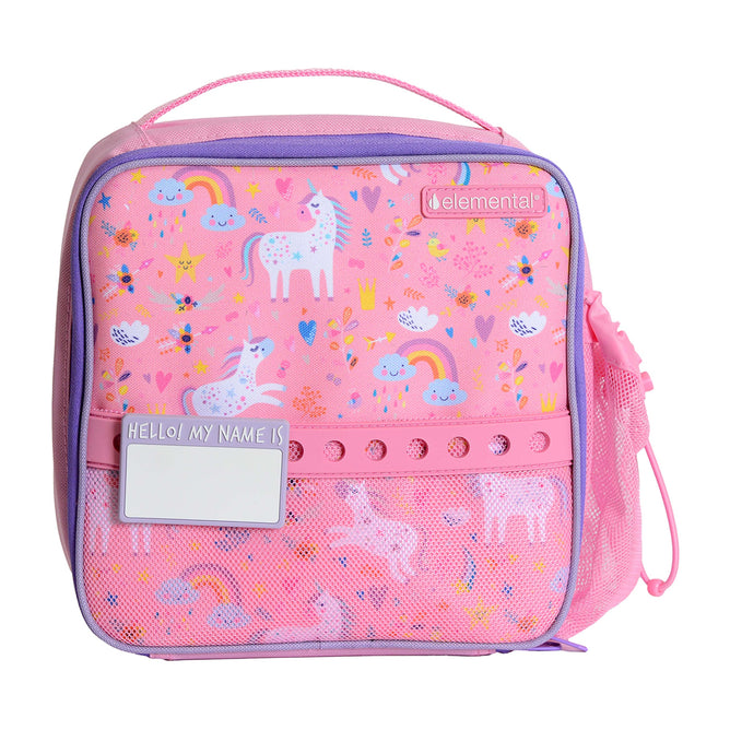 The Chomper Kids Lunch Bag by Elemental features pink fabric with unicorn and rainbow designs, purple trim, a mesh side pocket, a "Hello! My name is" tag holder, and the Elemental logo—making lunchtime extra fun.