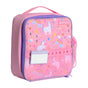 The Chomper Kids Lunch Bag by Elemental is a pink and purple bag with unicorn, rainbow, and star designs. It includes a handle, front pocket, blank name tag, and the Elemental logo on the top right corner.
