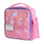 The Elemental Chomper Kids Lunch Bag features pink and purple unicorn and rainbow patterns, a writable “Hello! My name is” tag, side mesh pocket, and top handle—a fun, insulated lunch bag for kids.