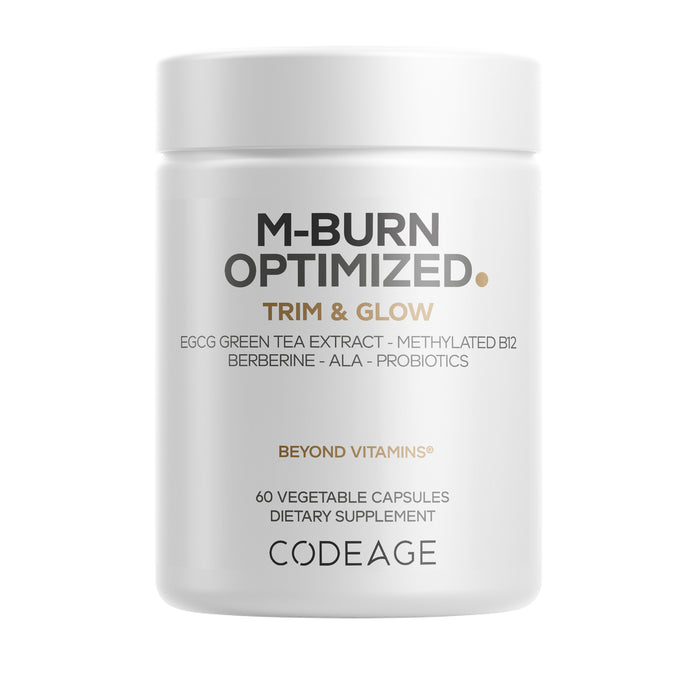 A white bottle labeled “M-Burn Optimized Trim & Glow” from Codeage, containing 60 vegetable capsules. Ingredients include green tea extract, methylated B12, berberine, ALA, and probiotics.