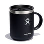 A Hydro Flask Stainless Steel Mug, 12 oz, in black with a handle, features a white logo and stainless steel rim. This insulated mug has a matte finish and includes a splash-resistant lid with a small drinking opening.