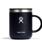 The 12 oz Hydro Flask Stainless Steel Mug features a black design with a silver rim, sturdy handle, and prominent white logo of a stylized figure on the front. It includes Hydro Flask text, making it stylish and durable.