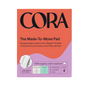 A box of Cora Made to Move Pad - Sample with bold branding, You-Shaped™ fit, 100% organic cotton topsheet icons, 2 regular and 2 super pads, leak protection, and free of fragrance, chlorine, or dyes.