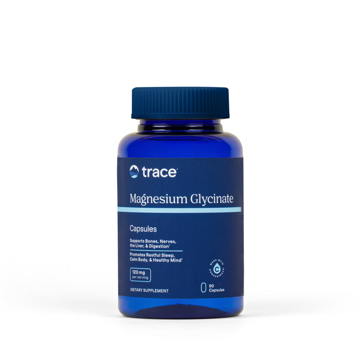 A blue bottle of Trace Minerals Magnesium Glycinate, 120mg features 90 bioavailable capsules for bone, nerve, liver, digestion, and sleep support, displayed against a plain white background.