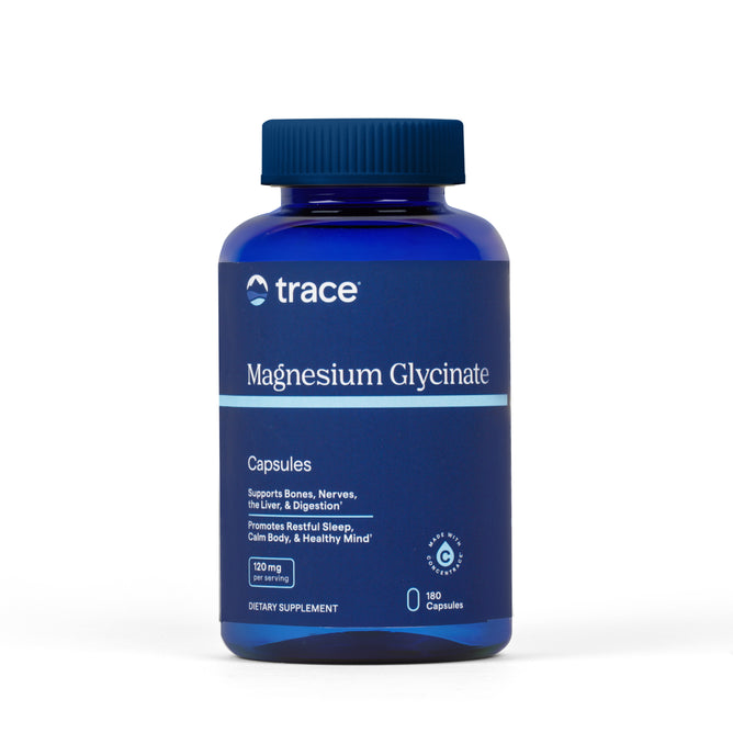 A blue bottle of Trace Minerals Magnesium Glycinate, 120mg, contains 180 capsules that support bones, nerves, digestion, and restful sleep. The label highlights bioavailable magnesium and the bottle features a dark blue cap.