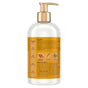 A bottle of SheaMoisture Conditioner - Deep Moisturizing with a gold pump dispenser, featuring a yellow label that highlights the product’s story, key ingredients like Raw Shea Butter, and its benefits for dry hair.