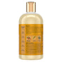 A clear bottle with a gold cap containing SheaMoisture Moisture Retention Conditioner is displayed next to the SheaMoisture Moisture Retention Shampoo, both from SheaMoisture. Detailed product information and ingredient icons are shown on the back label for this nourishing, sulfate-free shampoo and conditioner set.