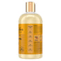 A clear bottle of SheaMoisture Shampoo - Moisture Retention with a gold cap, featuring an orange label that highlights ingredients and benefits such as No Sulfates and No Parabens. The label is adorned with illustrations of key natural ingredients, showcasing the same commitment to gentle care as found in their sulfate-free shampoo formulas.