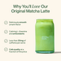 A vibrant green Morning Made Matcha Latte – 60 servings of ceremonial grade matcha with smooth umami flavor, calming L-theanine and antioxidants, under 30mg caffeine per serving, and cafe quality for less. “Morning Made.” appears on the glass.
