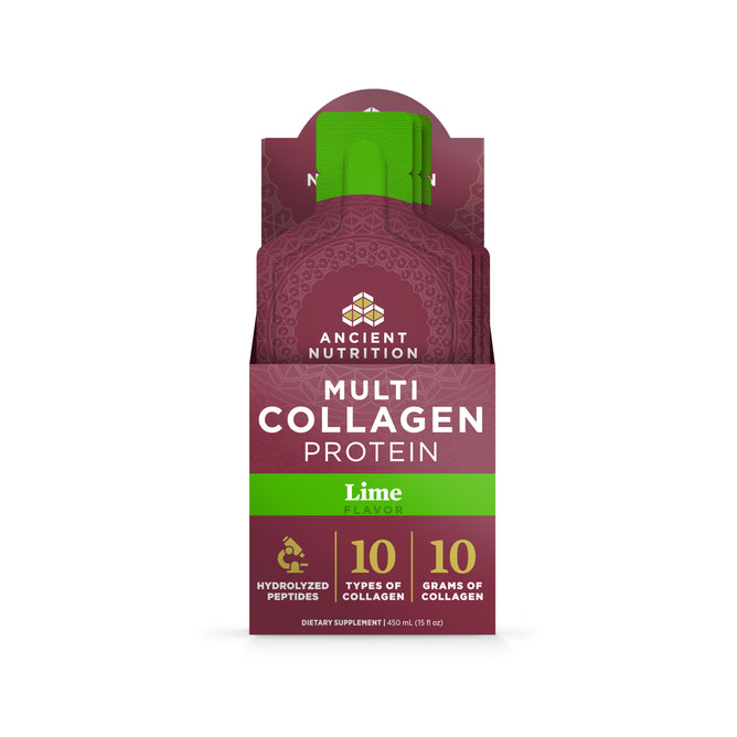 A packet of Ancient Nutrition Multi Collagen Protein Gel Packs in lime flavor, with fermented eggshell membrane collagen for joints. The green and maroon pack highlights 10 collagen types, 10g collagen, and hydrolyzed peptides on the front.