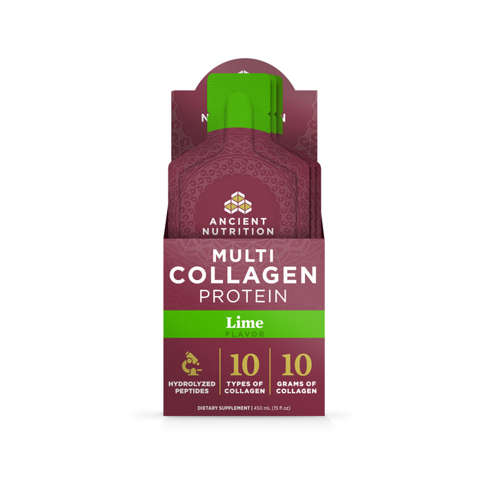 A packet of Ancient Nutrition Multi Collagen Protein Gel Packs in lime flavor, with fermented eggshell membrane collagen for joints. The green and maroon pack highlights 10 collagen types, 10g collagen, and hydrolyzed peptides on the front.