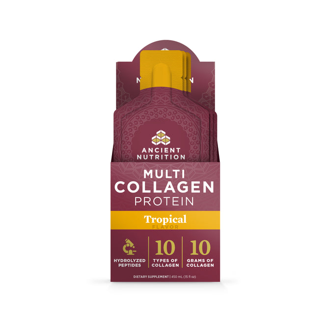 A box of Ancient Nutrition Multi Collagen Protein Gel Packs in tropical flavor, with single-serve packets, featuring 10 types of hydrolyzed collagen (10g/serving) and providing joint support.