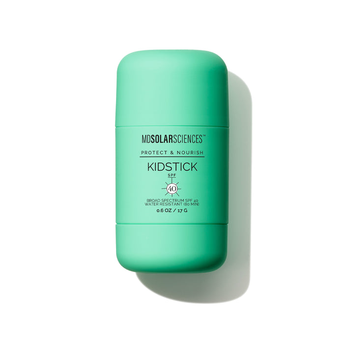 A 0.6 oz MDSolarSciences KidStick SPF 40 mineral sunscreen stick, offering broad spectrum, 80-minute water-resistant protection, is displayed on a white background.