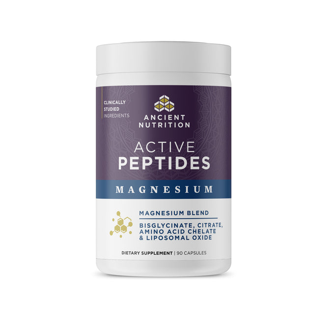 A white bottle of Ancient Nutrition Active Peptides Magnesium Complex Capsules contains 90 capsules with a blend—bisglycinate, citrate, amino acid chelate, and liposomal oxide—to support sleep.