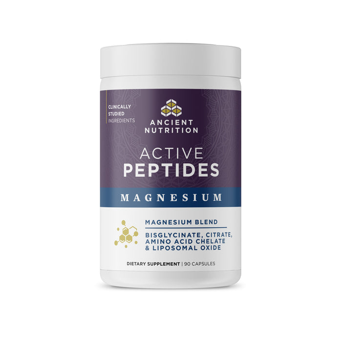 A white bottle of Ancient Nutrition Active Peptides Magnesium Complex Capsules contains 90 capsules with a blend—bisglycinate, citrate, amino acid chelate, and liposomal oxide—to support sleep.