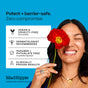 A smiling woman holds a red poppy over one eye next to a list of skincare claims for The Winter Hydration Gift Set, including vegan, cruelty-free, and clinically proven results.