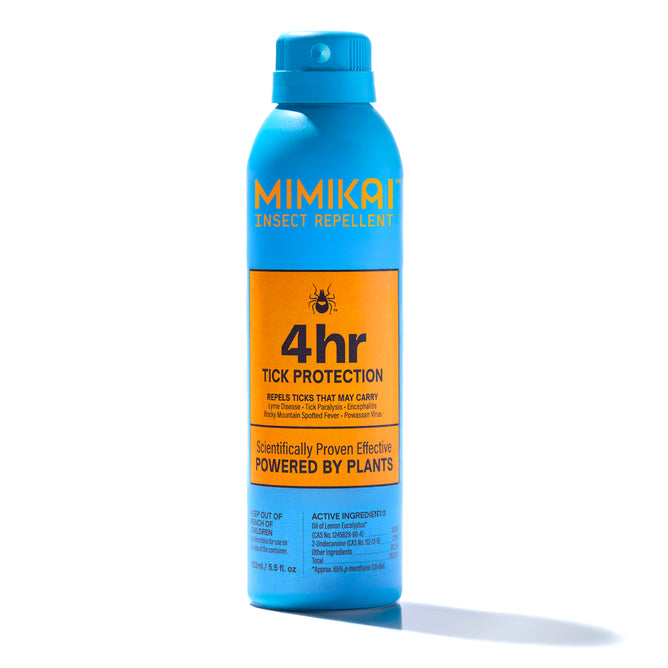A blue spray can labeled MIMIKAI Tick Repellent Mist features an orange label highlighting 4-hour tick and mosquito protection, scientifically proven plant-based effectiveness, and serves as a DEET alternative.