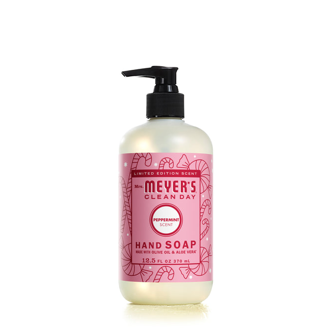 A 12.5 fl oz (370 ml) bottle of Mrs. Meyers Peppermint Hand Soap features a pink label with candy cane illustrations and a black pump.