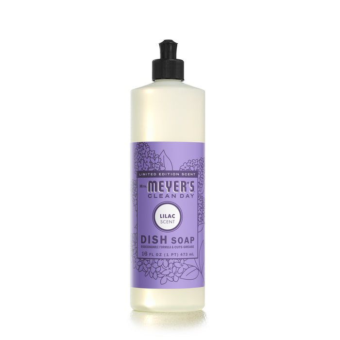 Mrs. Meyers Clean Day dish soap, lilac-scented and infused with essential oils, offers effective cleaning with a floral design on its purple label. This limited edition, cruelty-free product has a black dispenser cap and contains 16 fl oz (473 ml).