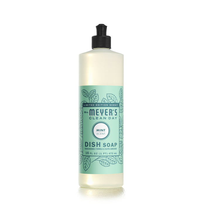 Mrs. Meyers Dish Soap in mint scent features a garden-inspired label with mint leaves, highlighting its cruelty-free formula. The 16 fl oz bottle includes a convenient black flip-top cap.