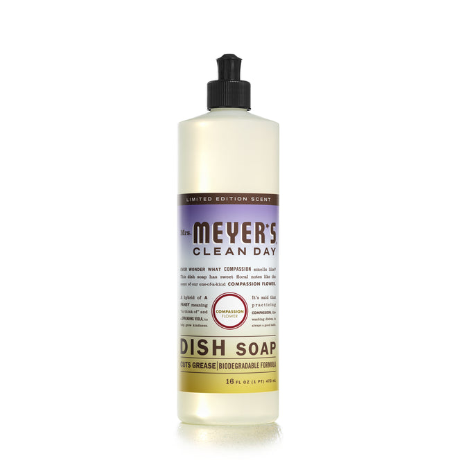 Mrs. Meyers limited edition dish soap boasts a natural degreaser and biodegradable formula on its label, housed in a 16 fl oz (473 mL) bottle with an easy-use black push-top cap.