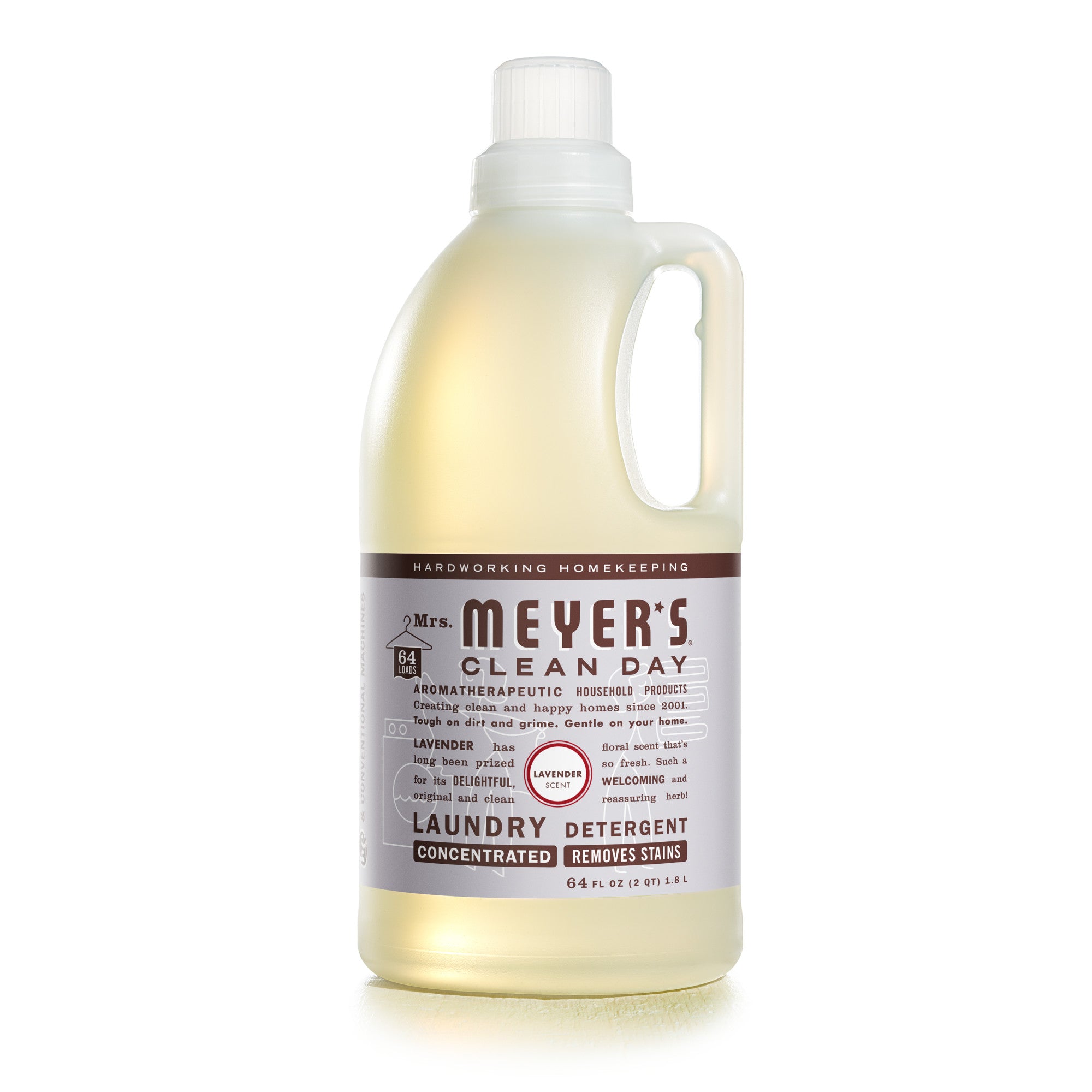 A bottle of Mrs. Meyers Clean Day Laundry Detergent in Lavender scent, featuring a clear container with a white cap and a purple and white label. The bottle is 64 fl oz and labeled as concentrated and stain-removing.