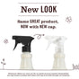 Two Mrs. Meyer's Multi Surface Cleaner Spring Collection bottles—one with a black cap, one with a clear cap—on white background. Above: New LOOK. Same GREAT product, NOW with NEW cap. Decorative line drawings frame the image.