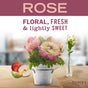 A small metal bucket with pink and cream roses sits by sliced apples and a glass vase with a single white flower. Text above reads: Mrs. Meyer's Hand Soap Spring Collection—rose, floral, fresh & lightly sweet, garden-inspired scent.