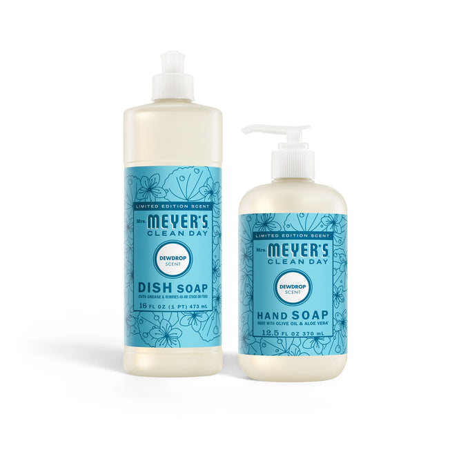 The Mrs. Meyer’s Spring Awakening Hand and Dish Soap Duo includes a 16 fl oz dish soap with a push cap and a 12.5 fl oz hand soap with a pump, both featuring blue labels.